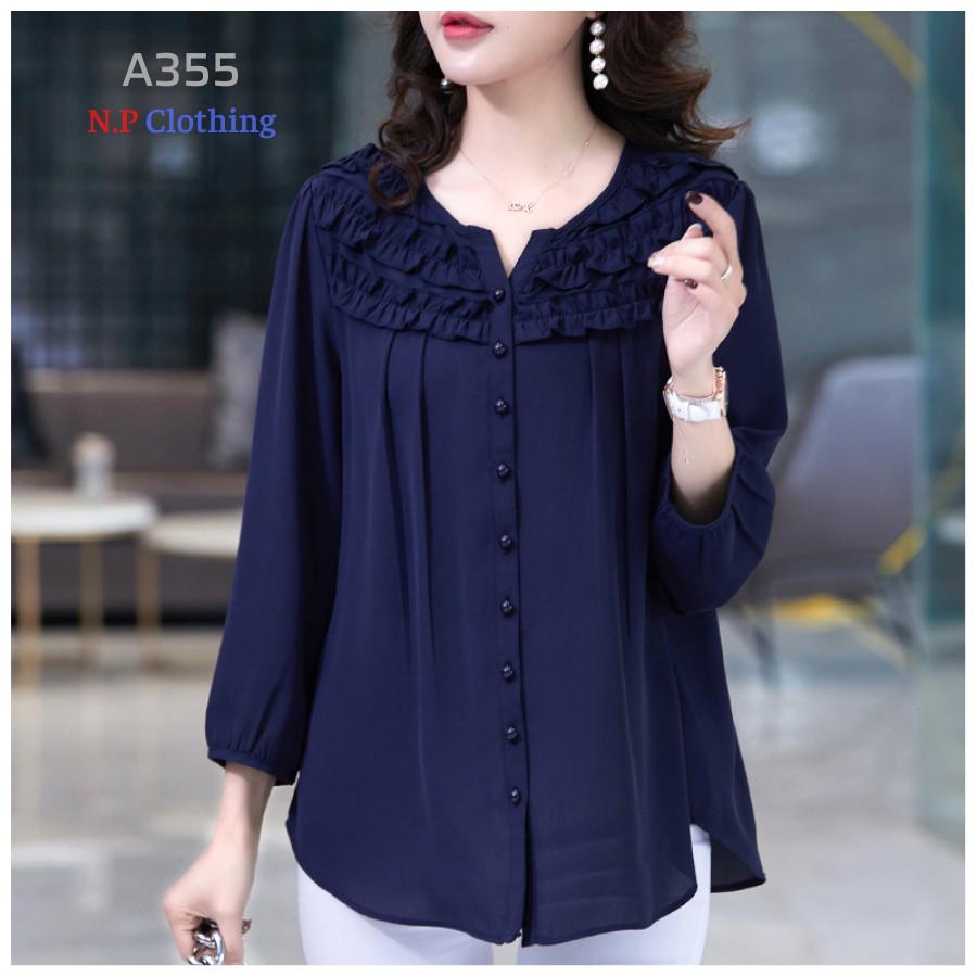 Áo Trung Niên Nữ A355, Kiểu Áo Sơ Mi Trung Niên Form Rộng Bigsize Cổ Bèo Đính Nút Rất Trang Nhã | Thời Trang NP Clothing