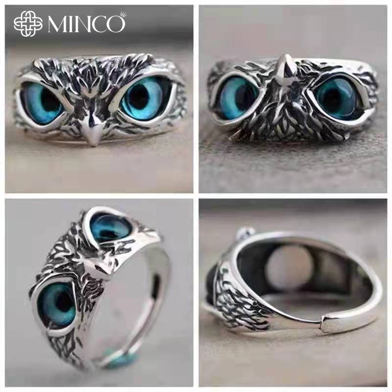 Nhẫn nam Eagle Ring Minco Accessories Thiết kế Free size Màu bạc hình mắt cú mèo màu xanh độc lạ cá tính NT88