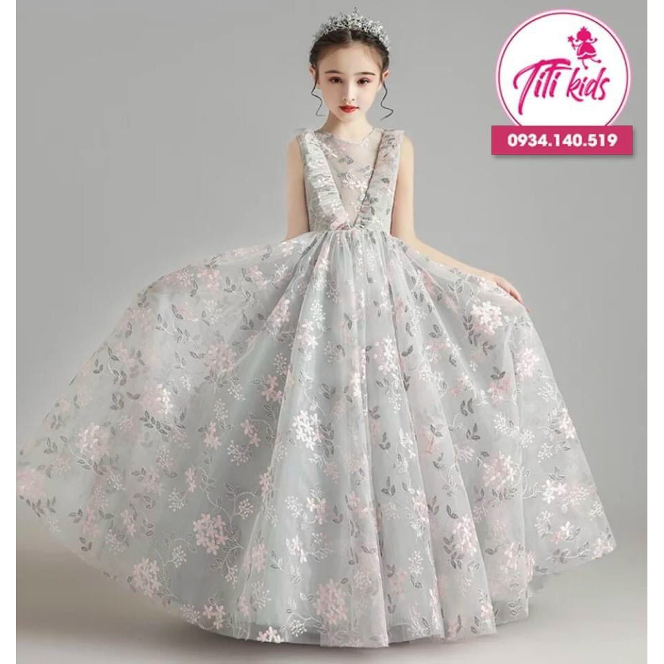 Đầm Công Chúa Bé Gái TiTiKids Xám Hoa