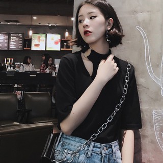 Áo thun tay ngắn cổ lọ thiết kế thanh lịch phong cách vintage