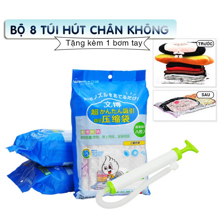 Bộ 8 túi đựng hút chân không đựng chăn mền, quần áo khoác đa năng tặng kèm 1 bơm tay