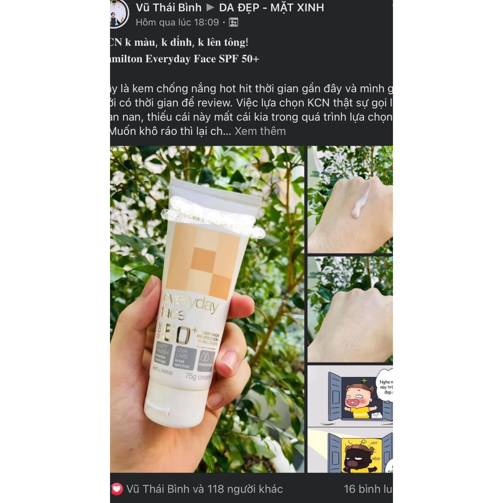 Kem chống nắng Hamilton Everyday Face SPF50 75g