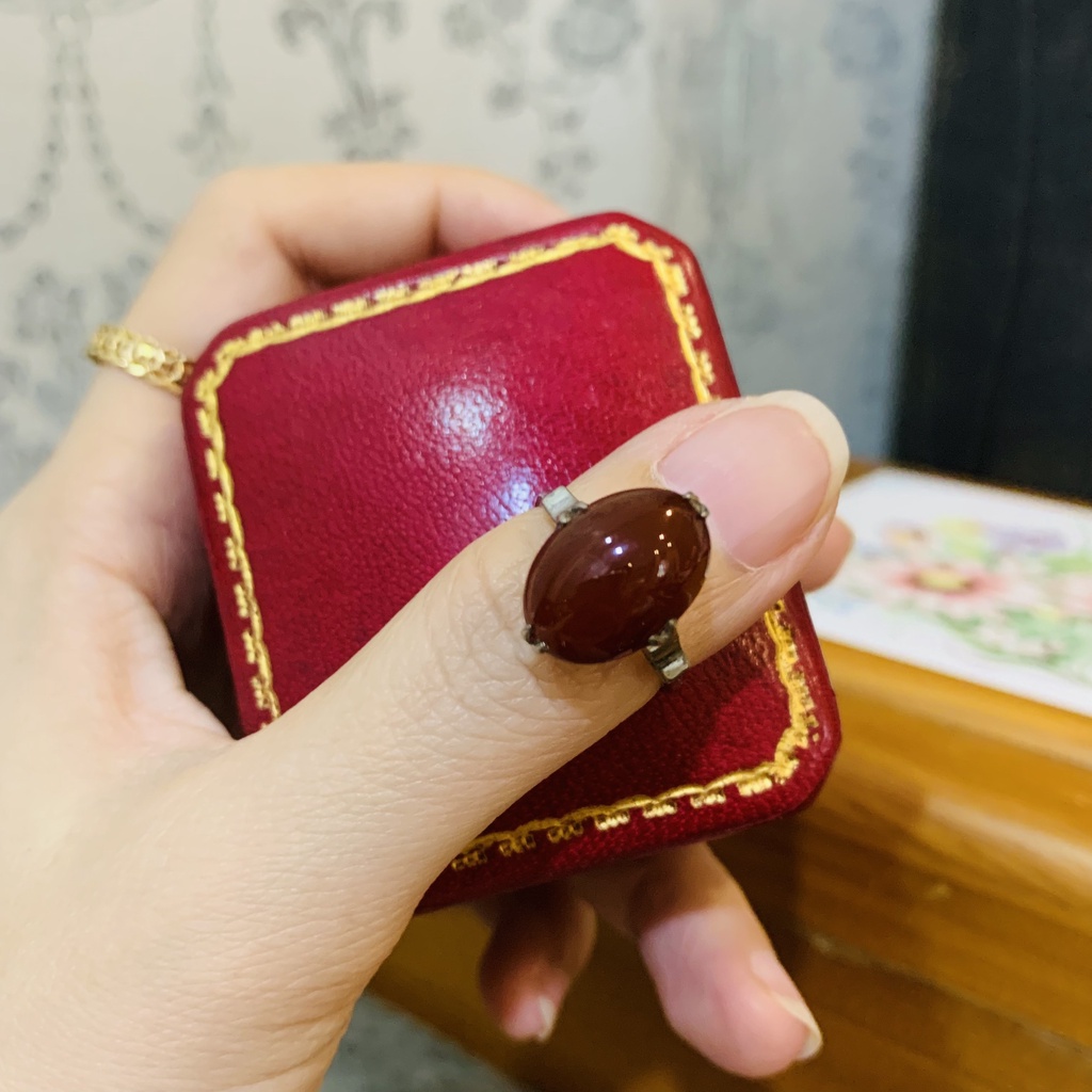 N33. Nhẫn Agate vintage oval đỏ đô | Độc lạ | Vintage Necklace|| Si Nhật | Japan | 2HAND | trang sức nhật bản