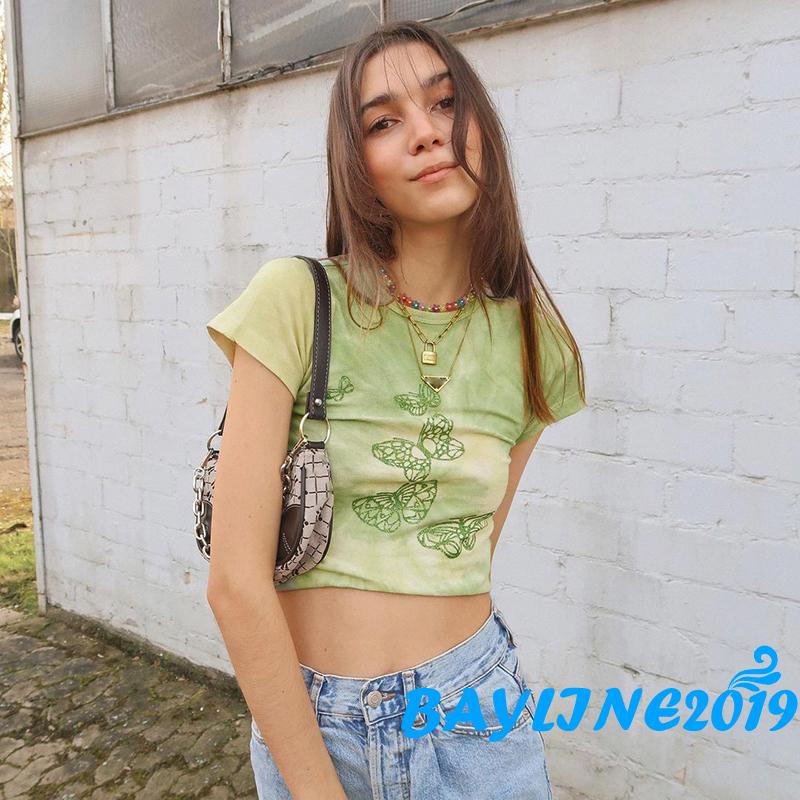 Áo thun lửng ngắn tay in họa tiết hình bướm năng động dễ phối đồ dành cho nữ