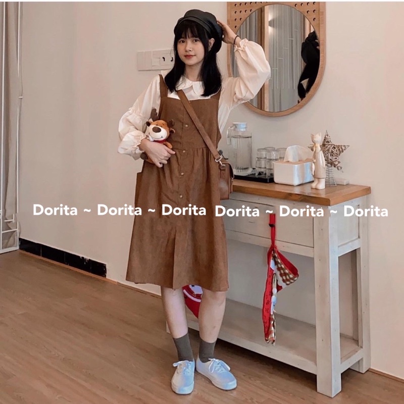 [Ảnh thật/Video] Set yếm nhung vintage dáng babydoll kèm áo cổ sen, Đầm yếm nhung Ulzzang - Dorita Boutique