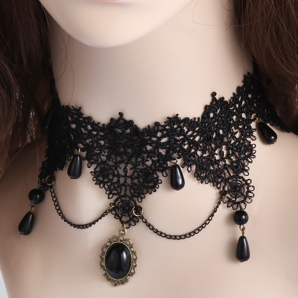 Vòng Cổ Choker Vải Ren Màu Đen Phong Cách Steampunk Gothic Sang Trọng Quyến Rũ|Mặt Dây Chuyền