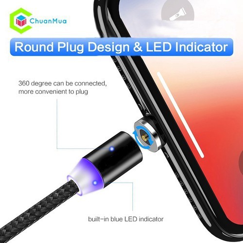 [COMBO 1 DÂY+3 ĐẦU SẠC] Cáp sạc từ hút nam châm đầu Iphone- micro USB - Type C - Dây dù - xoay 360 độ có LED cao cấp