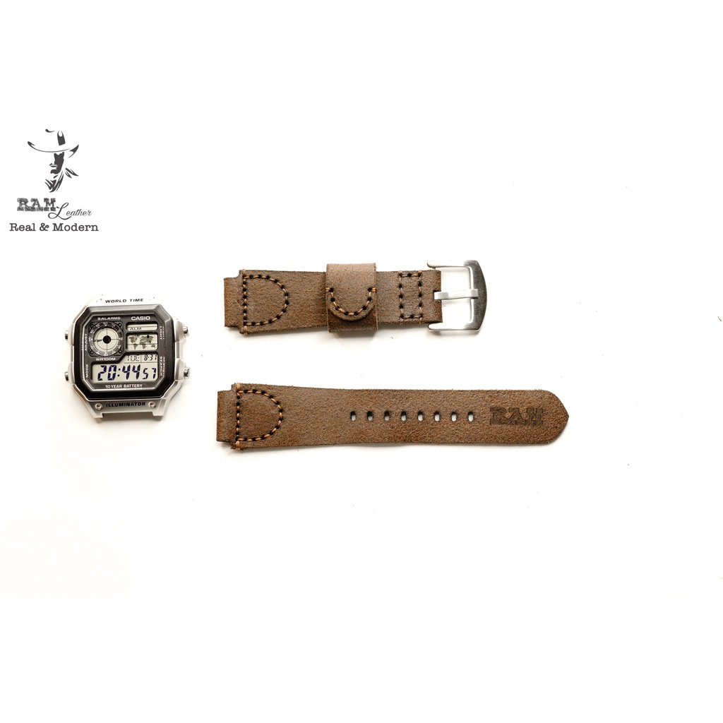 Dây đồng hồ RAM Leather Simple mài nhám cho CASIO 1200, AE 1200, 1300, 1100, A159 , A168 , Size 18 da bò vintage