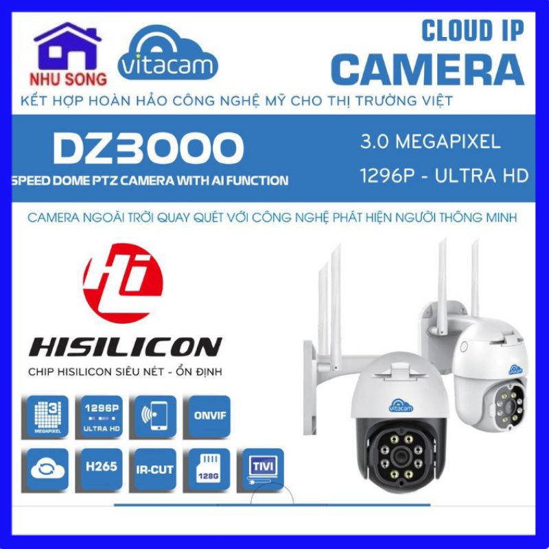 Camera Ip Wifi Ngoài Trời PTZ VITACAM DZ3000 - 3.0Mpx 1296P Ultra HD Siêu Nét - Xoay 360 - Chính Hãng Bảo Hành 24 Tháng | WebRaoVat - webraovat.net.vn