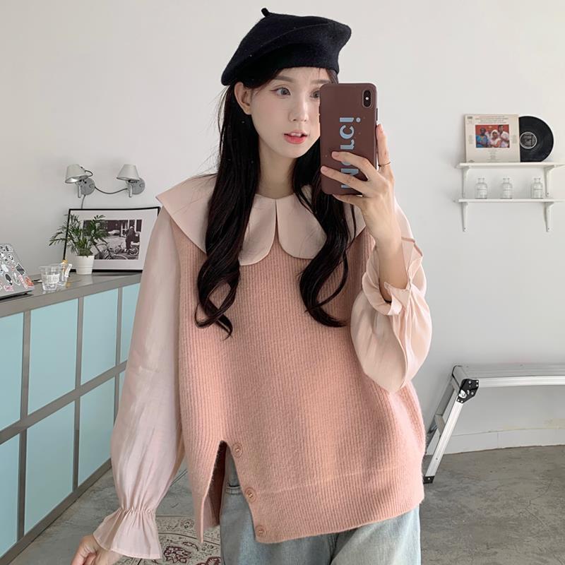 Set Áo Sơ Mi Tay Dài + Áo Len Không Tay Thiết Kế Mới Thời Trang Theo Phong Cách Hàn Quốc Cho Nữ