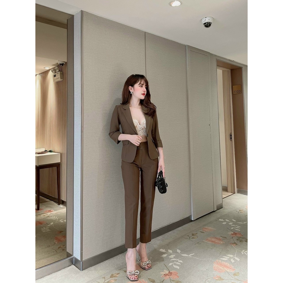 Set Vest nữ công sở trơn áo vest tay lỡ quần tây dài dáng baggy Bộ vest thiết kế MQ Boutique