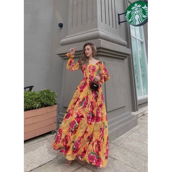 Đầm maxi lụa hoa tay dài đi biển siêu xinh TRIPBLE T DRESS - size M/L - MS72V