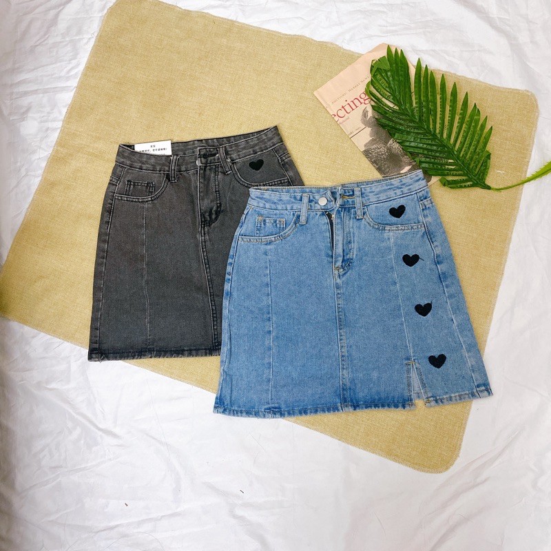 Chân váy chữ A xẻ tà thêu tim mẫu 2021