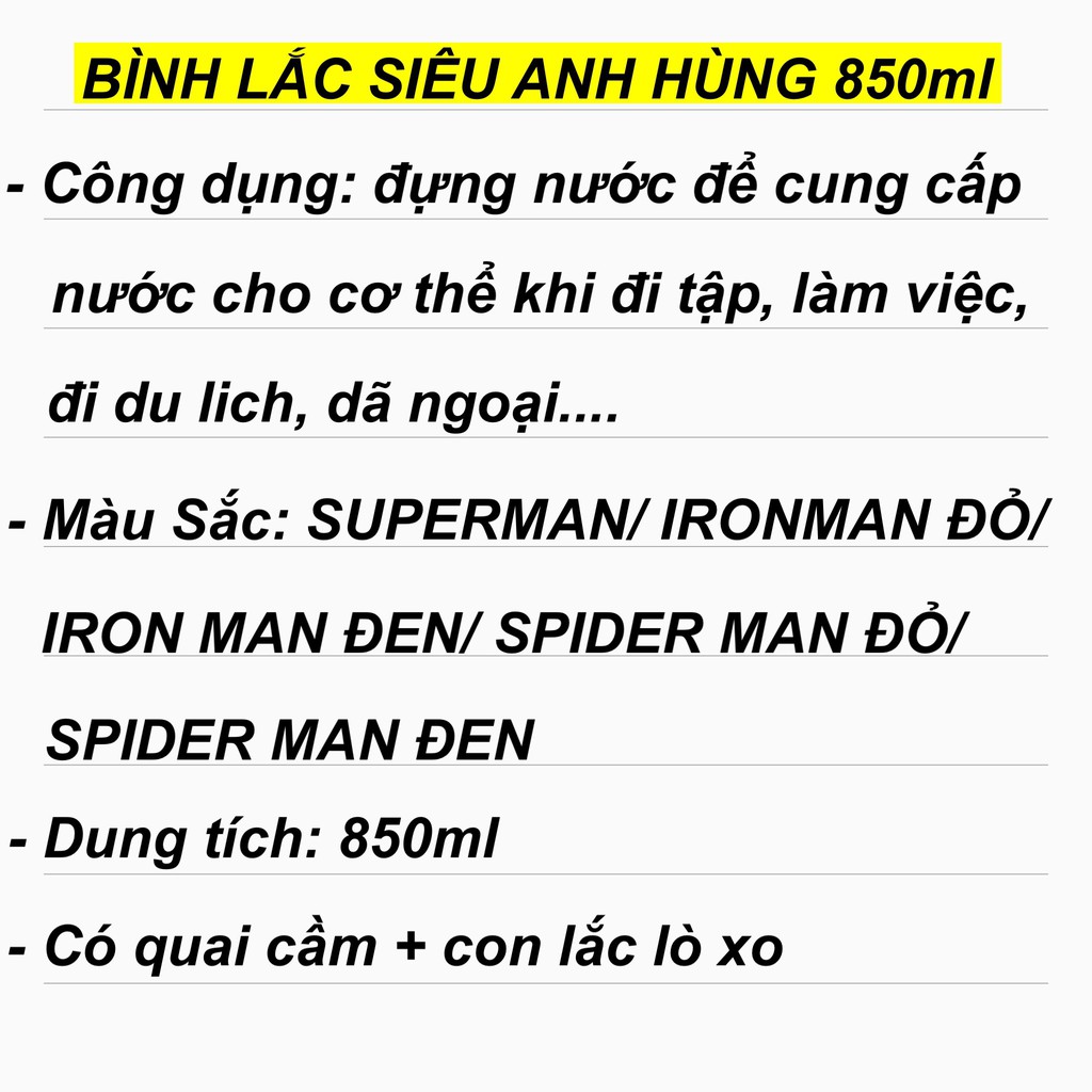 [Mã FAMAYMA giảm 10K đơn 50K] Bình Lắc Tập Gym Shaker Siêu Anh Hùng Dung Tích 850ml