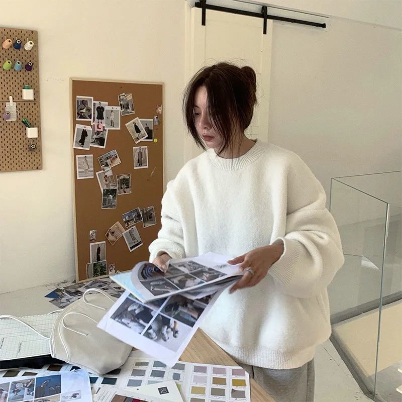 Áo Sweater Dệt Kim Chui Đầu Dáng Rộng Dày Dặn Màu Xám Phong Cách Hàn Quốc Thời Trang Mùa Đông Cho Nữ