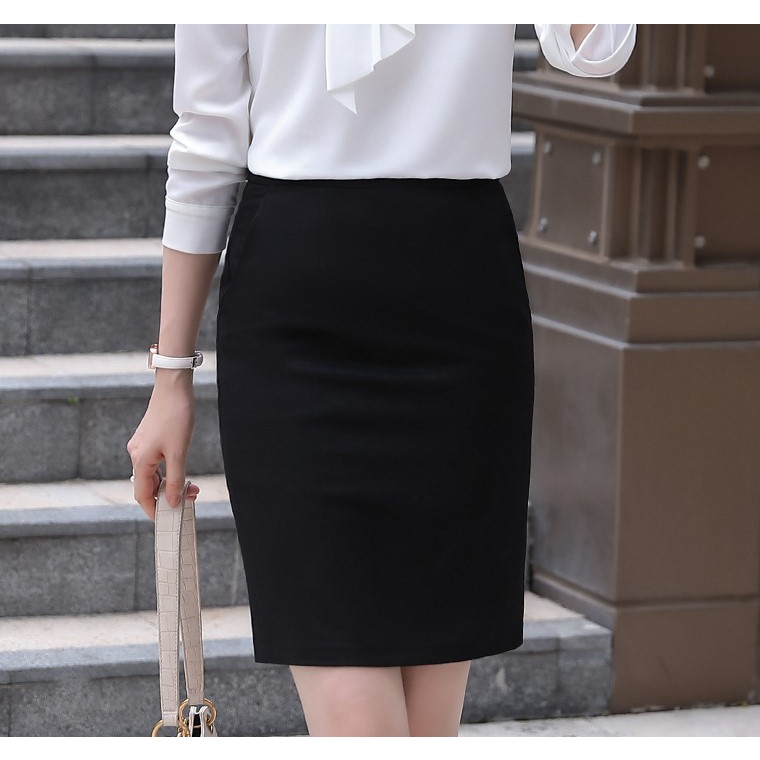 Chân Váy Công Sở Ngắn Ôm Trên Gối Dáng Bút Chì Lưng Thun Cạp Cao Xẻ Sau MOLA Đen Vintage Ulzzang Hàn Quốc Tutu 003