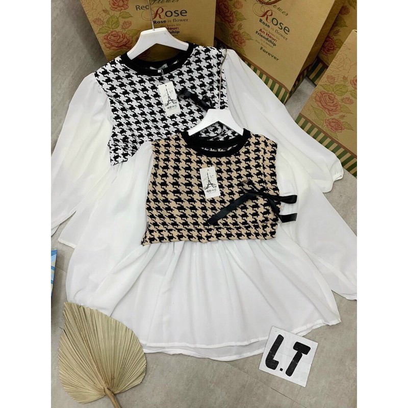 ÁO BABYDOLL KẺ TAY BO THUN