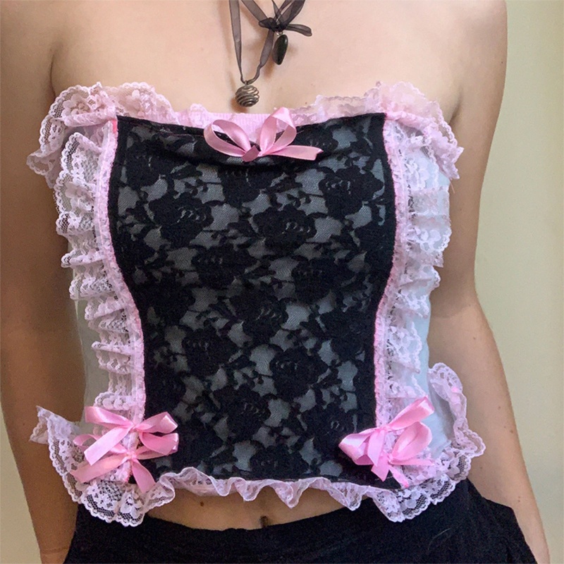 Brroa Áo Ống Không Dây Dáng Ôm In Hoa Phối Ren Nhún Bèo Phong Cách Harajuku Punk Ngọt Ngào Cho Nữ