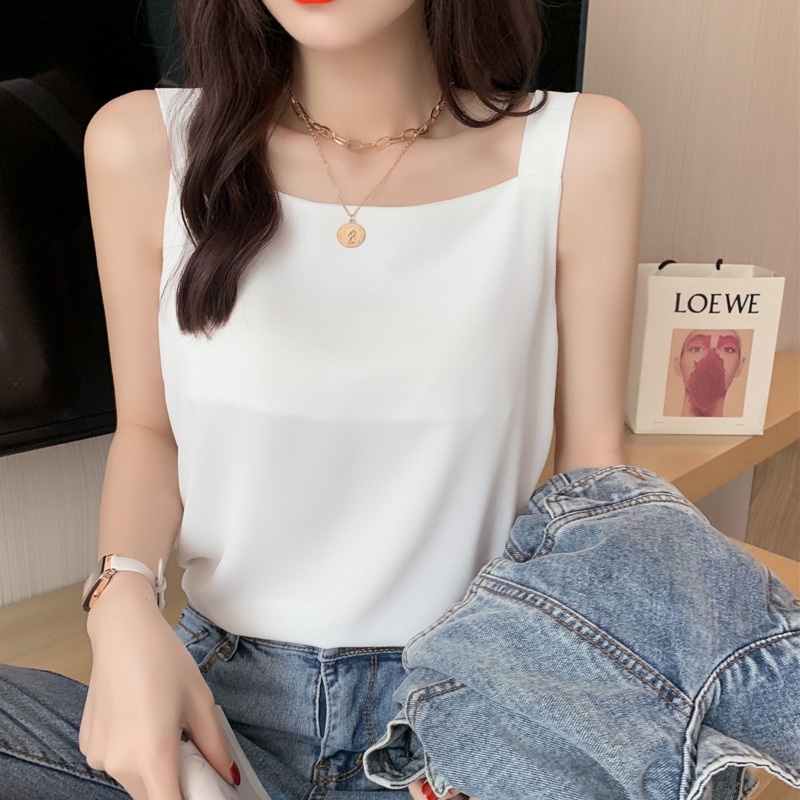 Áo voan RENJIANVSHENG không tay cổ vuông màu sắc đơn giản phong cách Hàn Quốc dành cho nữ