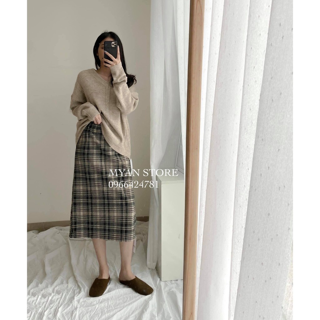 Chân váy dạ kẻ to xẻ sau V112009 | BigBuy360 - bigbuy360.vn