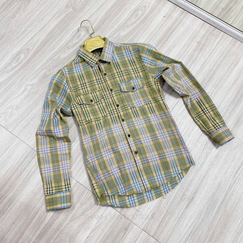 Áo sơ mi nam bbr dài tay kẻ sọc caro 2 túi ngực rách gấu bản cao cấp