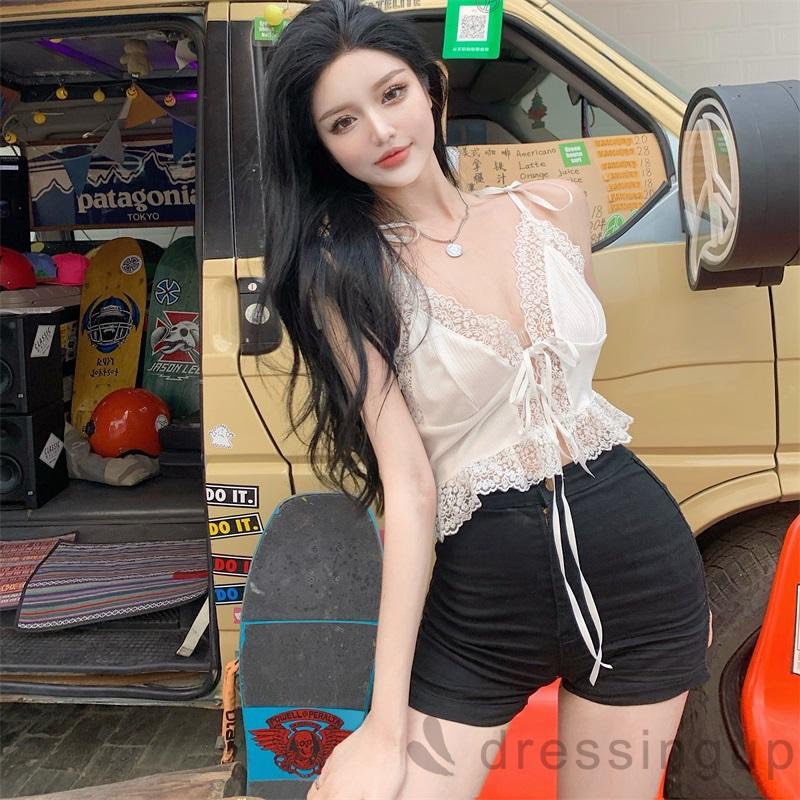 [Mã FAMARAL1 giảm 10K đơn 50K] Áo Croptop 2 Dây Phối Viền Ren Dây Thắt Nơ Nửa Thơ Ngây Nửa Quyến Rũ A5291