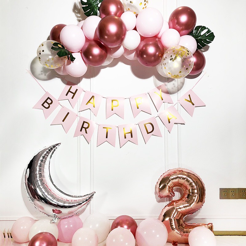 Set bóng bay trang trí sinh nhật bé gái + Kèm số tuổi màu rose gold MM899