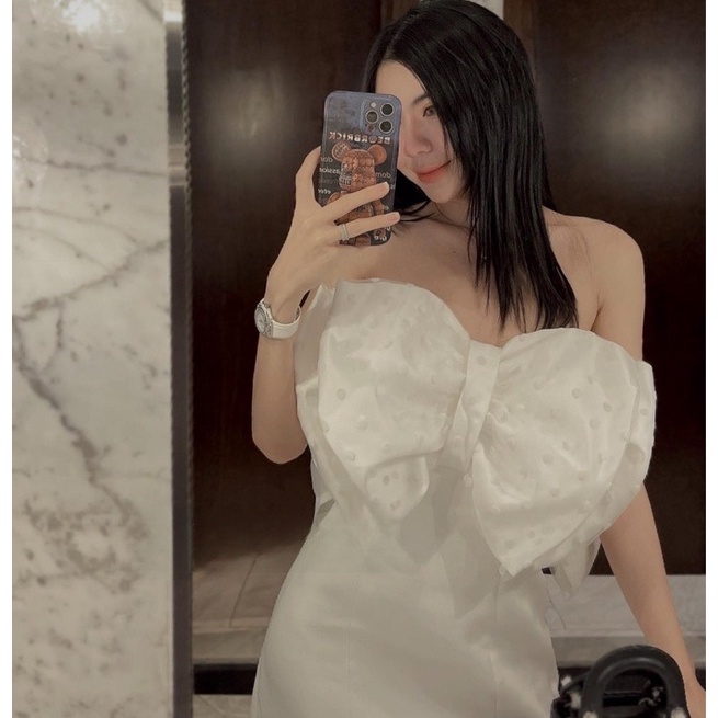 Đầm dự tiệc sinh nhật đám cưới sang trọng tapta nơ cúp ngực 2 Màu Trắng Đen - Maxi Ngọc Lan