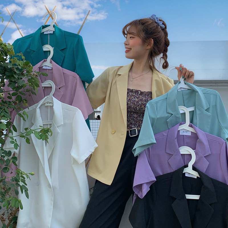 Xiaozhainv Áo Khoác Blazer Tay Ngắn Dáng Rộng Màu Trơn Phong Cách Hàn Quốc