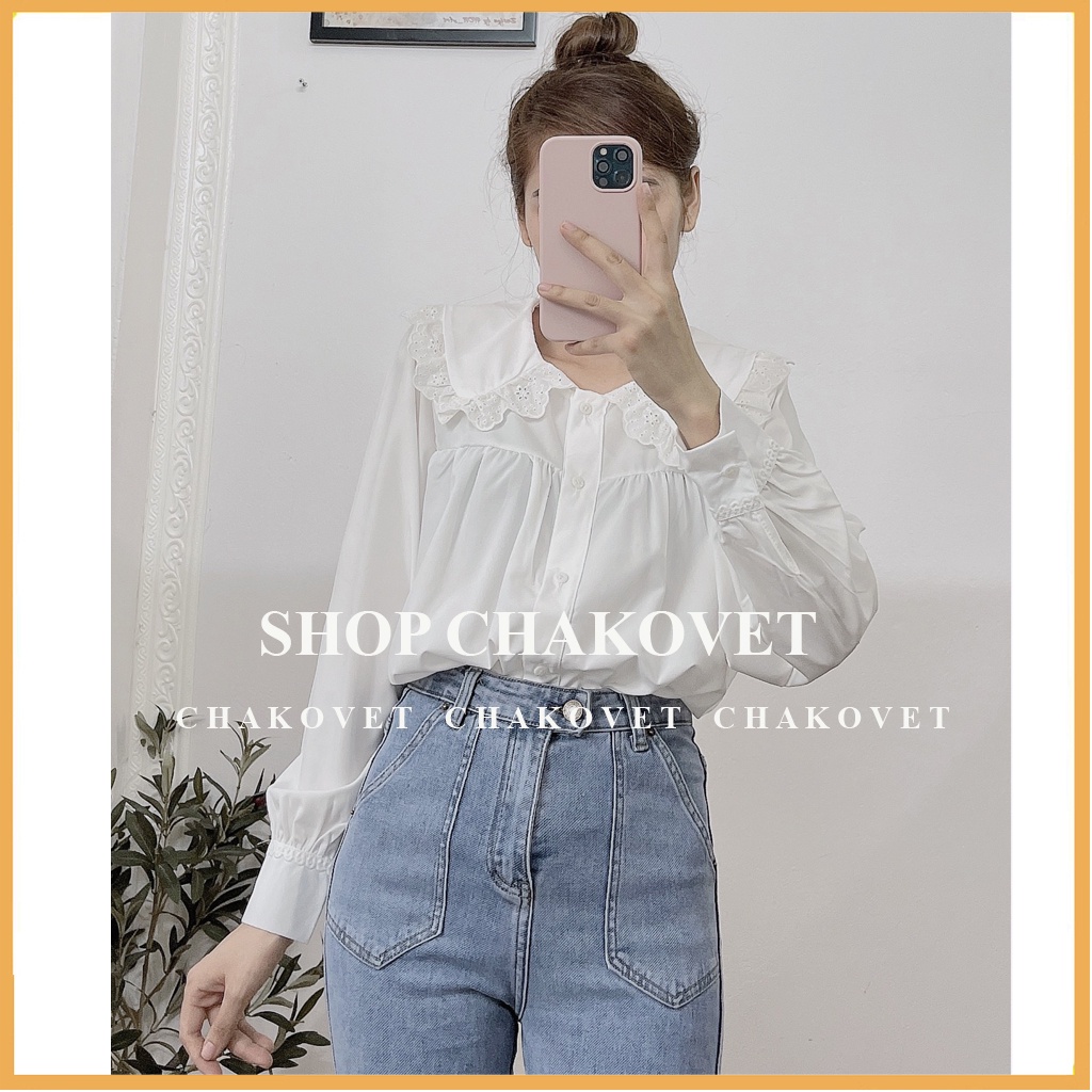 Áo sơ mi nữ tay dài form rộng CKA885, kiểu áo babydoll trắng tiểu thư thiết kế cổ bèo viền ren đẹp phong cách hàn quốc | BigBuy360 - bigbuy360.vn