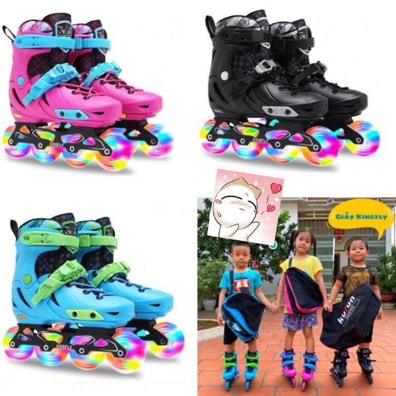 Giày patin trẻ em bánh cao su, patin có bánh phát sáng, Patin Kingfly trẻ em. Giày trượt patin cho bé tặng bảo vệ 6 món