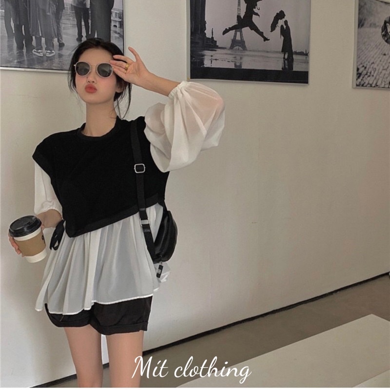 Áo babydoll đen trắng tay dài