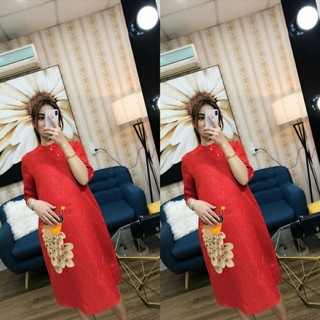 Váy bầu thu đông chất lụa gấm - Đầm bầu thời trang dạo phố xinh xắn