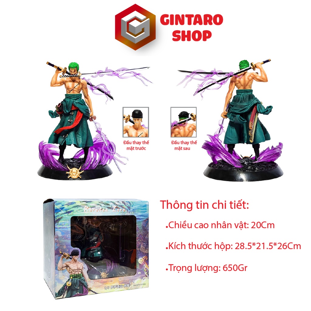 Mô hình One Piece Zoro 3 kiếm haki tư thế đứng, Mô hình nhân vật Zoro đứng có 2 đầu thay thế GINTARO SHOP