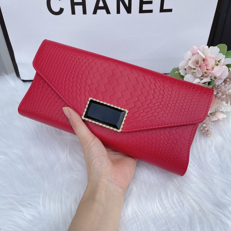 Túi ví clutch cầm tay nữ, kèm dây xích, khuy đá sang chảnh