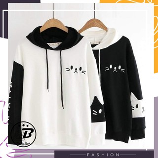 Áo khoác hoodie | Áo khoác nỉ phối màu tay áo kèm thêu mặt mèo xinh xắn