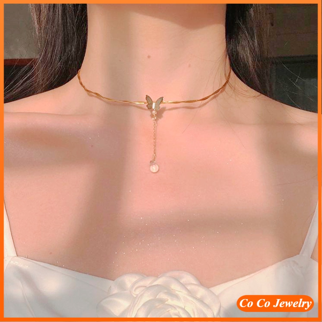 Dây Chuyền Hình Bướm Đính Ngọc Trai Phong Cách Hàn Quốc Sang Trọng