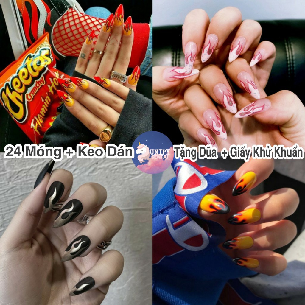 Móng Giả | Set 24 Móng Tay Giả  Lửa Kèm Dũa Keo Dán Móng