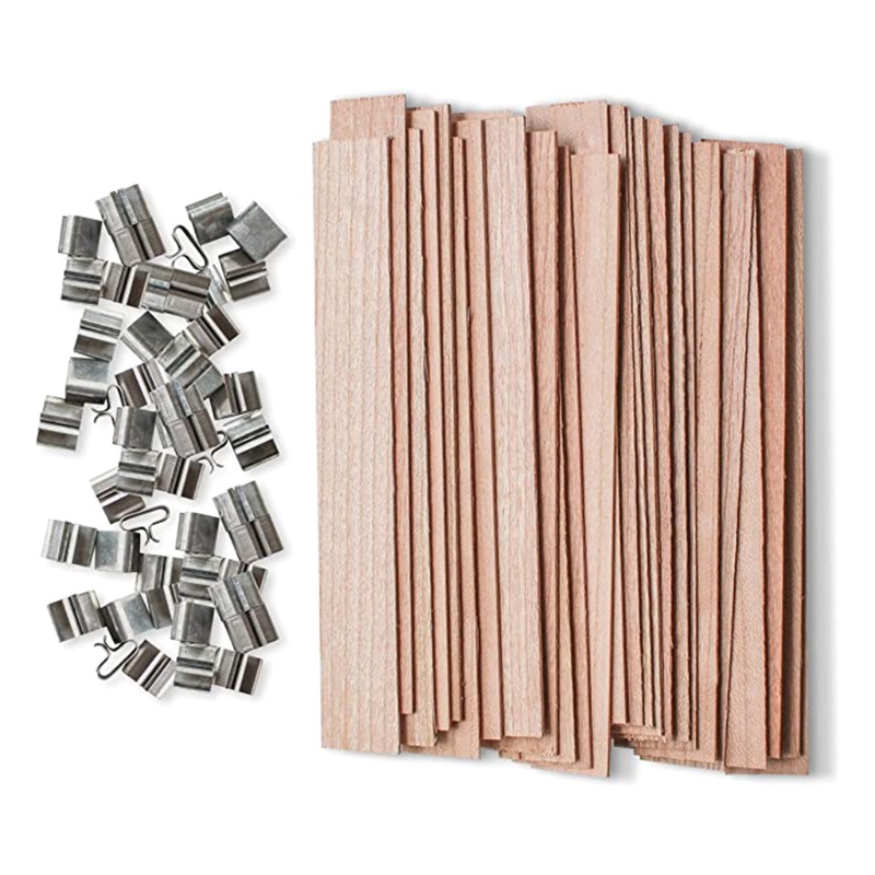 Bộ 50 bấc nến bằng gỗ kèm kẹp giữ bằng kim loại làm nến thủ công cỡ 5.1 X 0.5inch