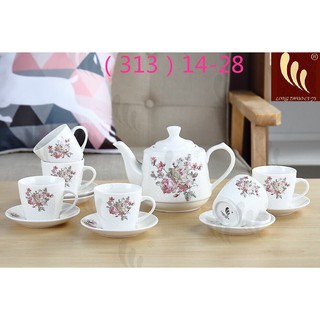 Bộ ấm chén uống trà sứ trắng hoa hồng