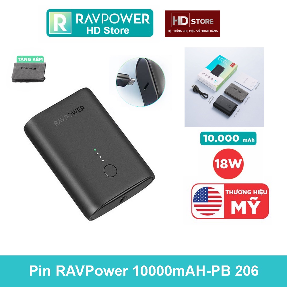 Pin sạc dự phòng RAVPower 10000mAh Siêu nhỏ gọn Sạc nhanh 18W Input Lighting RP-PB206 HD Store