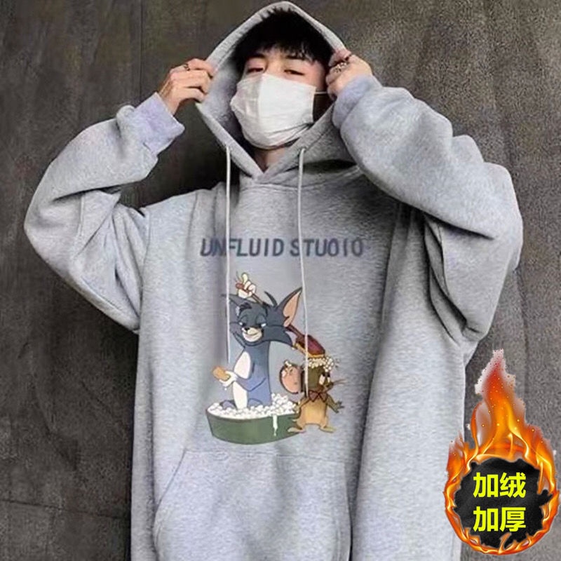 Áo Hoodie Lót Nhung Dáng Rộng In Hình Mặt Trăng Thời Trang Thu Đông Hàn Quốc Cho Nam