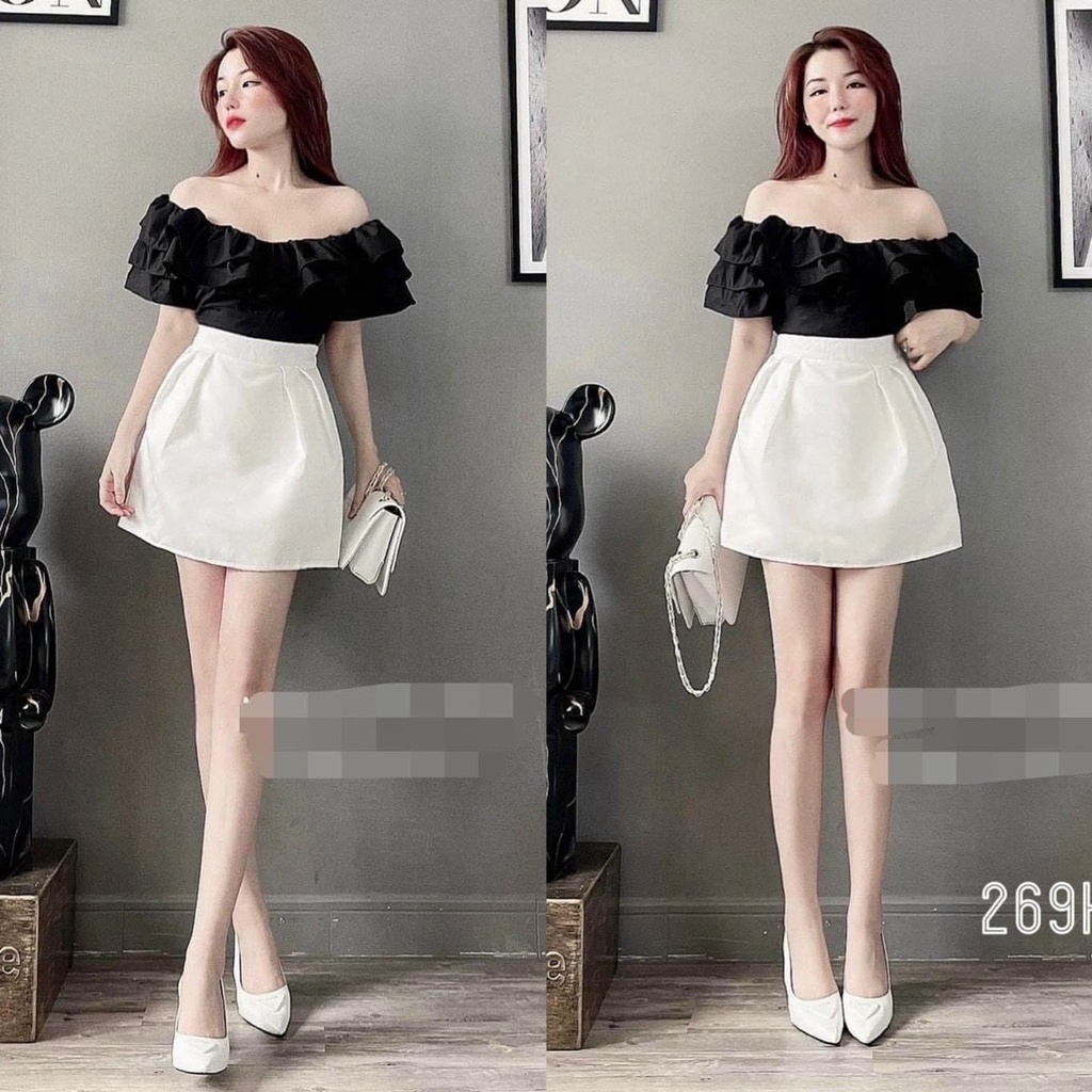 Sét bộ đồ nữ chân váy trắng cạp cao mix áo đen trễ vai cực kì đáng yêu thích hợp cho các tình yêu đi dạo phố