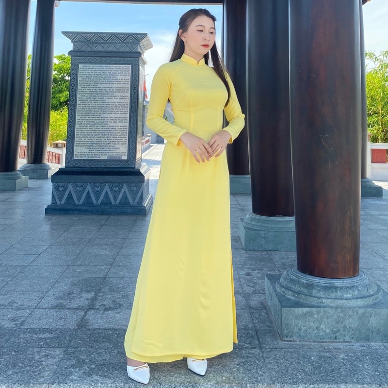 Áo dài màu vàng trơn truyền thống may sẵn lụa mỹ cao cấp