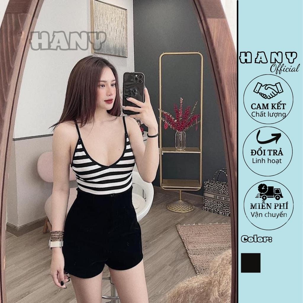 Áo croptop hai dây dáng ôm sọc trắng đen chất borip xịn hình thật HANY