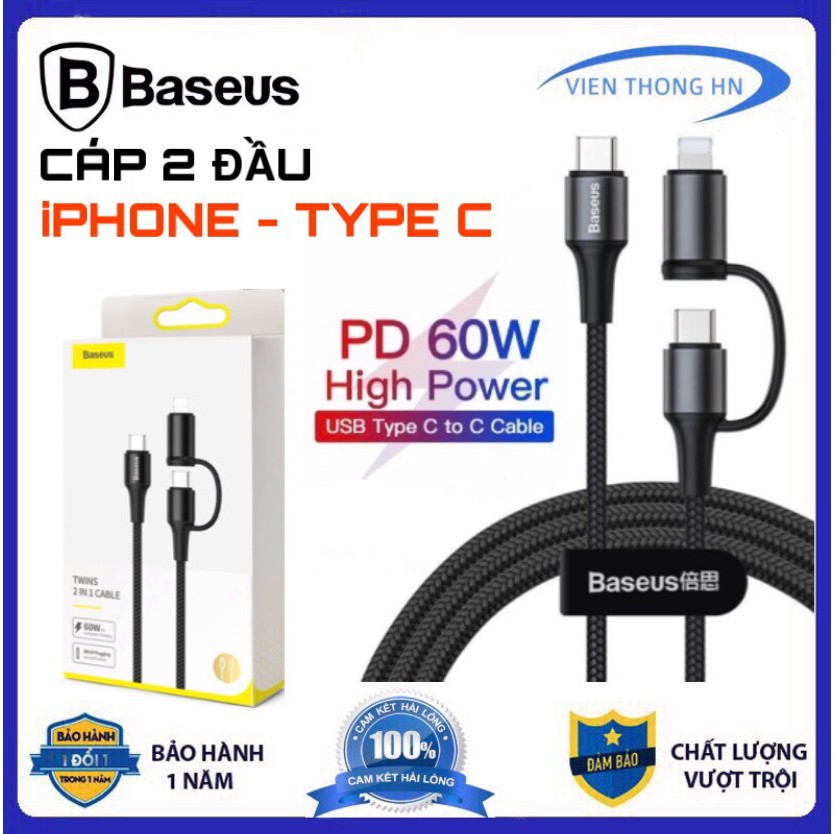 Dây sạc nhanh iphone type c baseus twins pd 60w - cáp sạc 2 đầu lightning type c baseus - vienthonghn