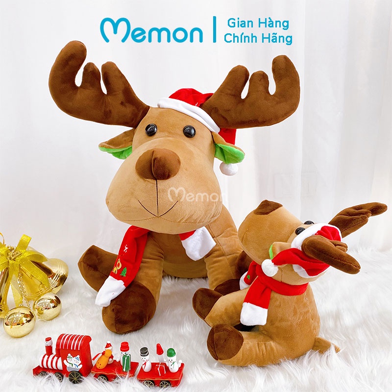 Gấu Bông Giáng Sinh Tuần Lộc Ngồi Đội Mũ Noel Cao Cấp Memon