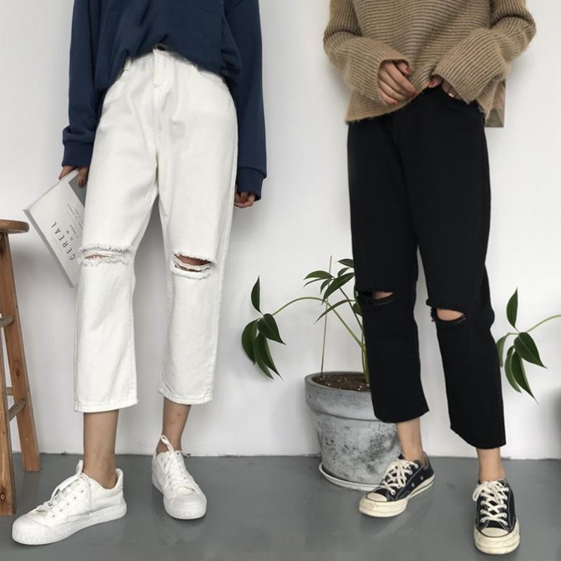 quần baggy đen trắng rách gối ulzzang order quần jean ống suông dáng hàn quốc CÓ ẢNH THẬT ! ☑️