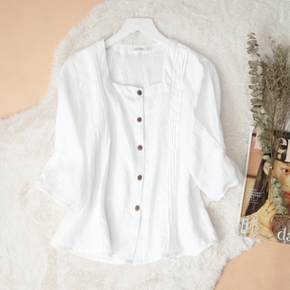 Áo Linen KANAMY cổ vuông xếp li màu trắng