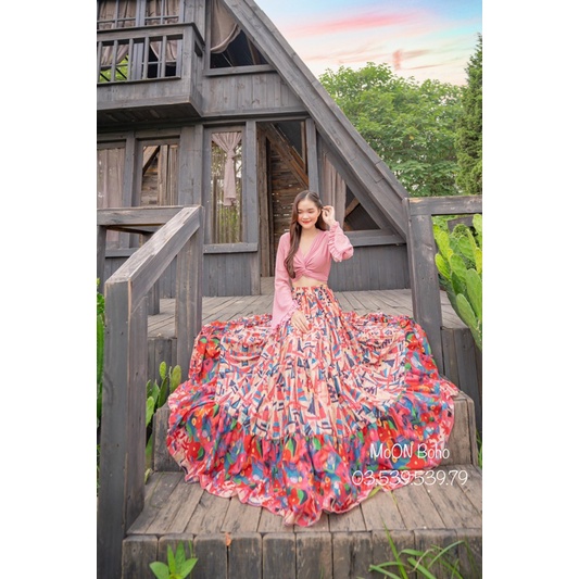 MOON BOHO - SET MAXI HỒNG TAY VIỀN BÈO - CV HOẠ TIẾT HOA VINTAGE